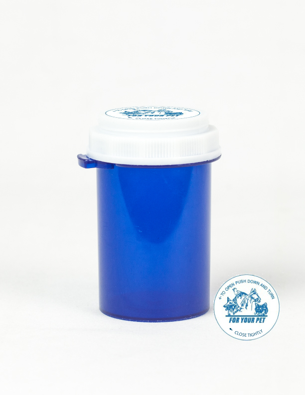 30 Dram Blue Vial and Vet Cap, Thumb Tab Plastic Prescription Vials