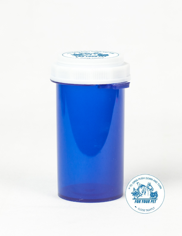 40 Dram Blue Vial and Vet Cap, Thumb Tab Plastic Prescription Vials