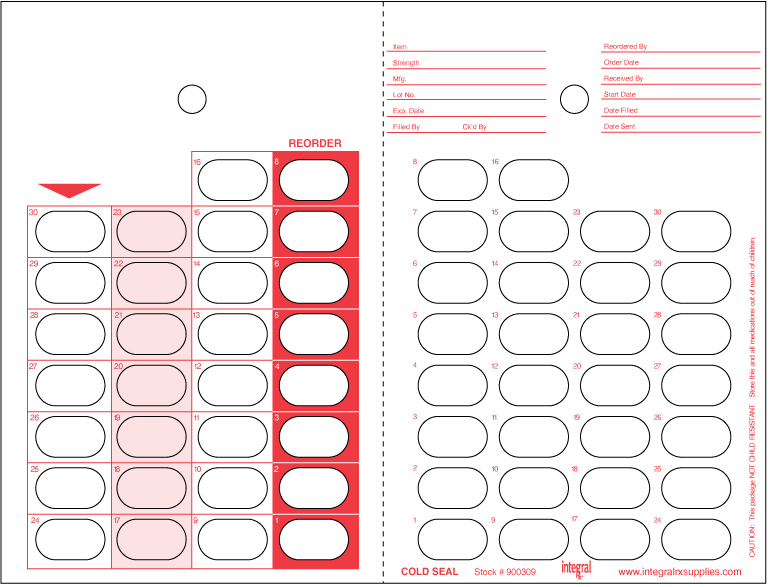 30 Day Count Down Cards, 30-1 Red Ink, Cold Seal Packaging
