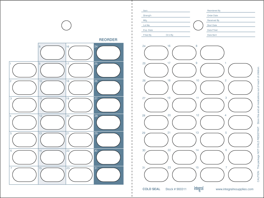 31 Day Calendar Cards, 1-31, Cold Seal Packaging