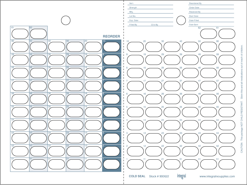 62 Day Count Down Cards, 62-1 Clear, Blister Attached, Cold Seal Packaging
