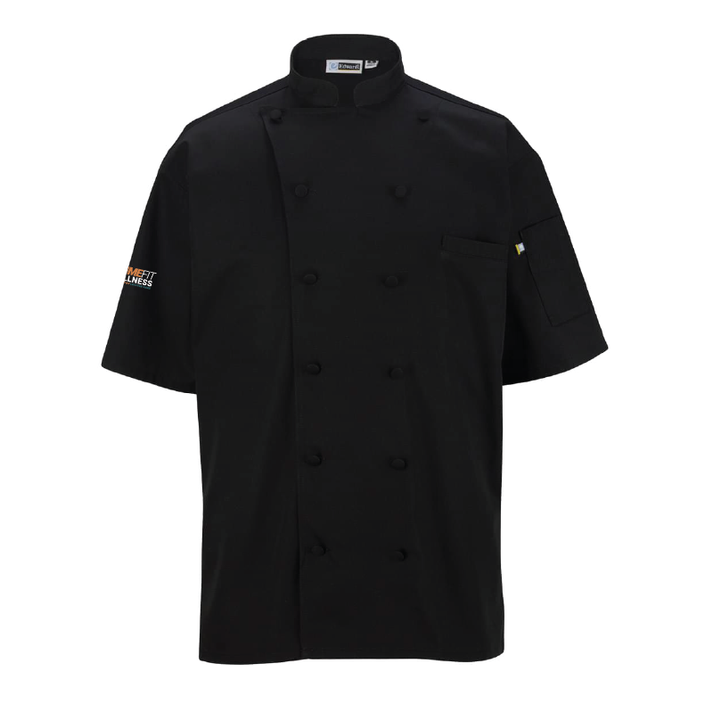 SOUS CHEF Short Sleeve Mesh Back Chef Coat Black - 12 Cloth Buttons with Prime Fit Logo