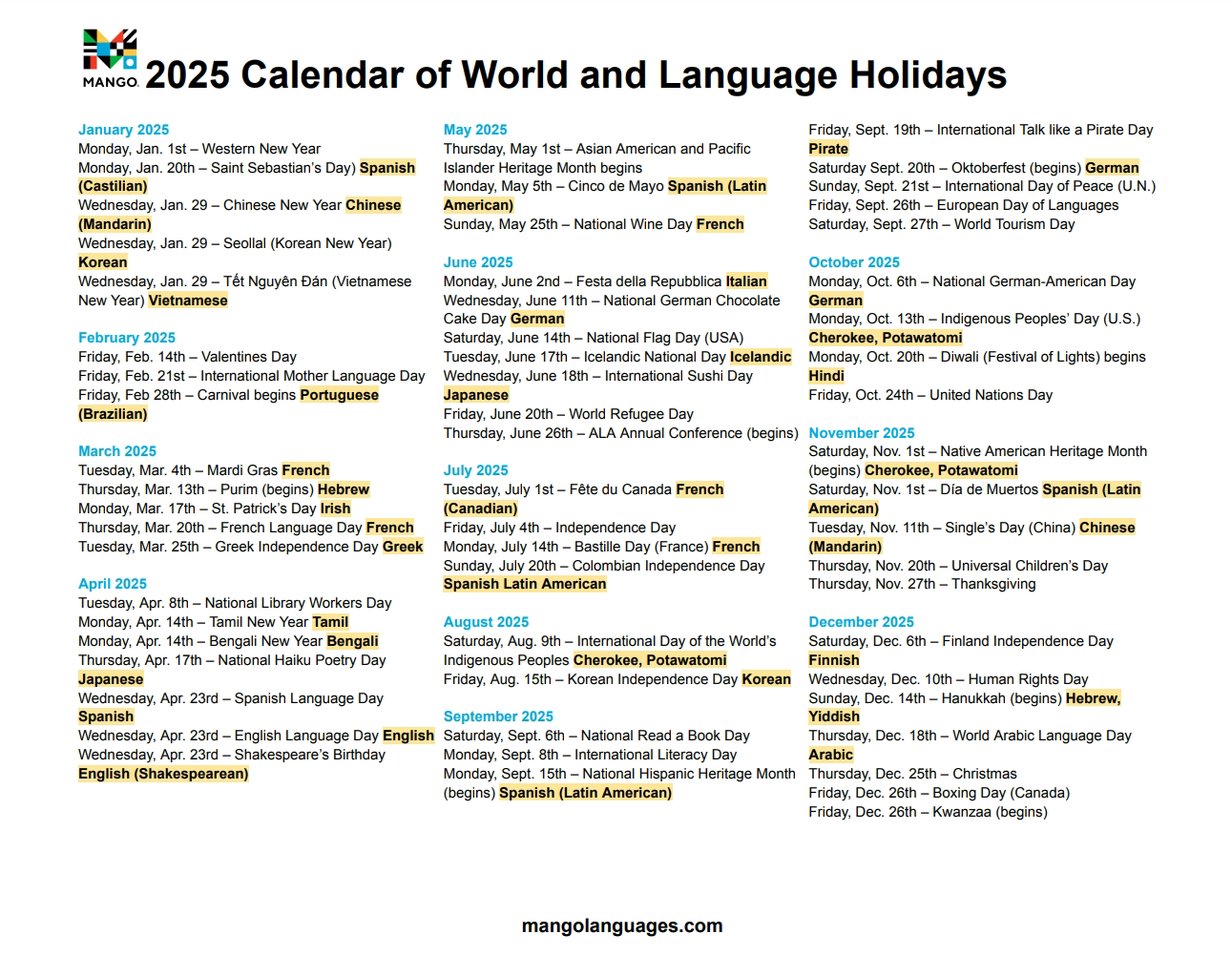 Mango Events Calendar 2025