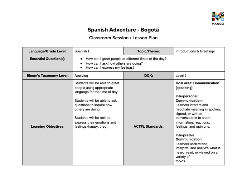 Spanish Adventure - Bogota, Colombia - Teacher Lesson Plan