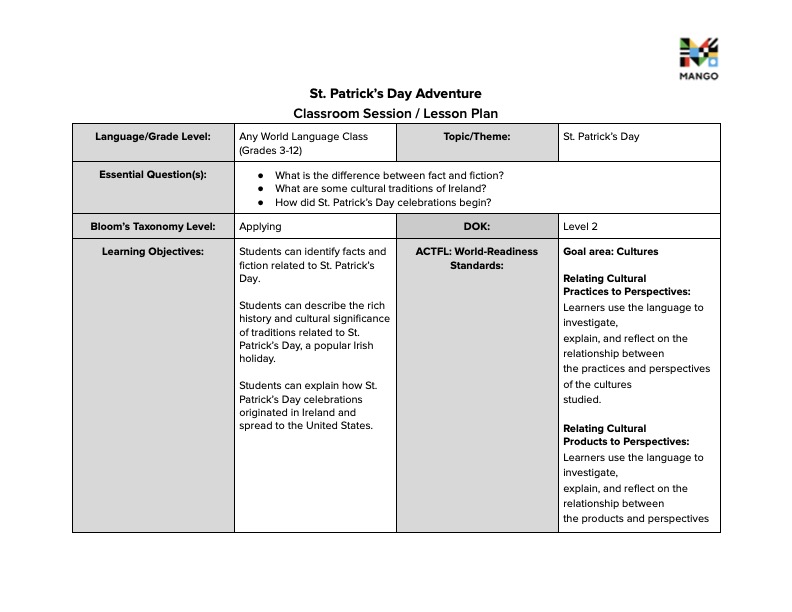 St. Patrick's Day - Teacher Lesson Plan