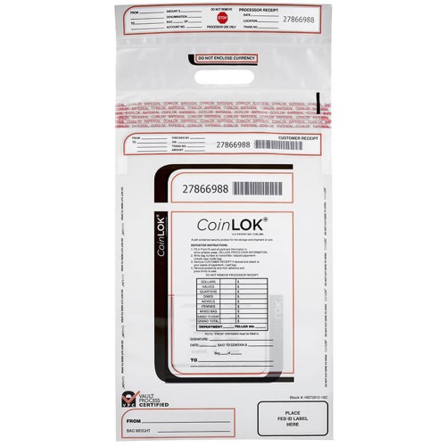 585407 12 1/2" x 25" Clear Tamper Evident CoinLOK Coin Bags 1 handle