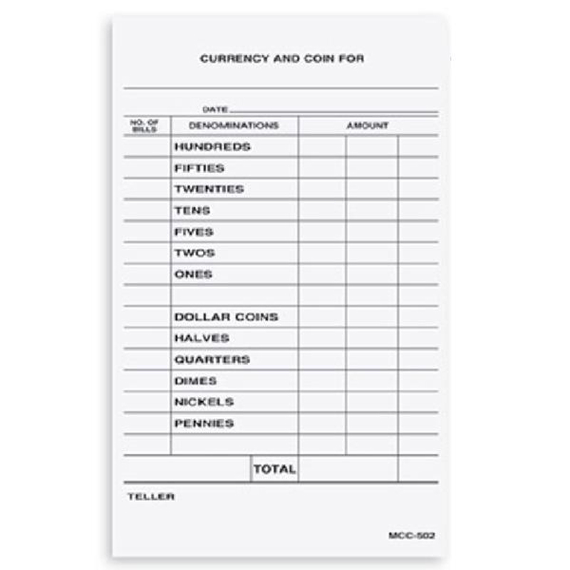 MCC502 Currency/Coin Order Slips 3 5/8"x 5" - 100 per pad