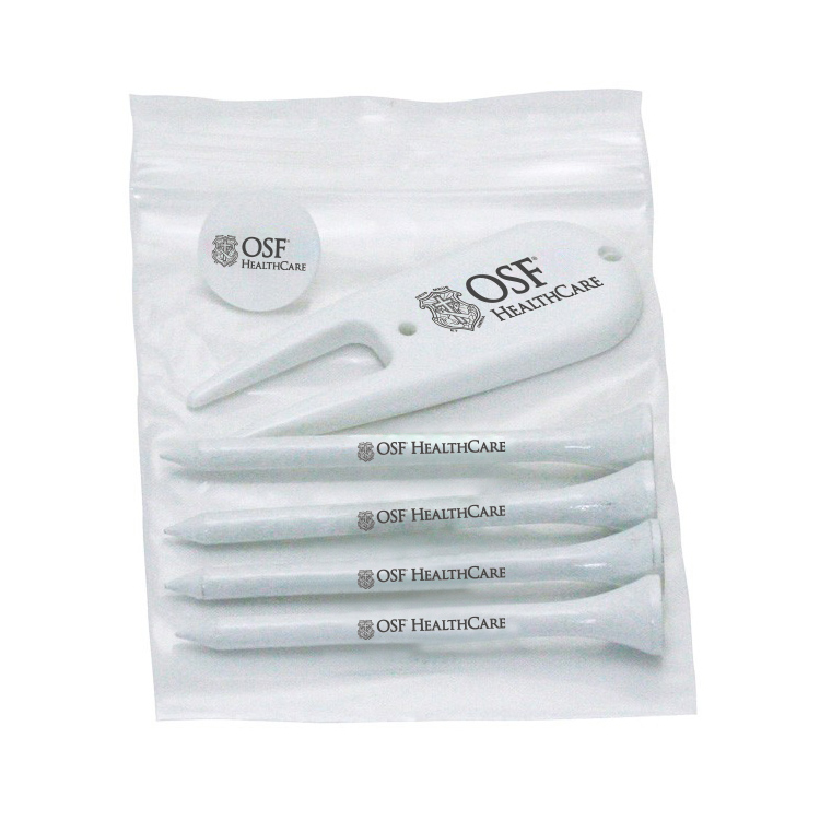 Golf Tee Polybag Combo Pack with (4) 3 1/4 Inch Tees, (1) Ball Marker and (1) Divot Tool