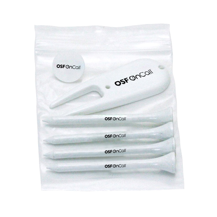 Golf Tee Polybag Combo Pack with (4) 3 1/4 Inch Tees, (1) Ball Marker and (1) Divot Tool