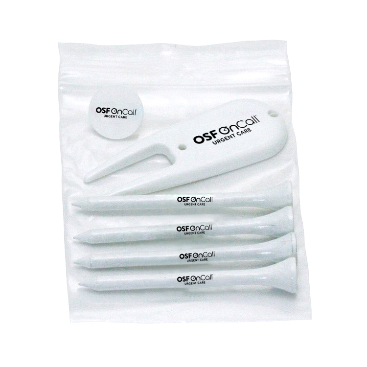 Golf Tee Polybag Combo Pack with (4) 3 1/4 Inch Tees, (1) Ball Marker and (1) Divot Tool