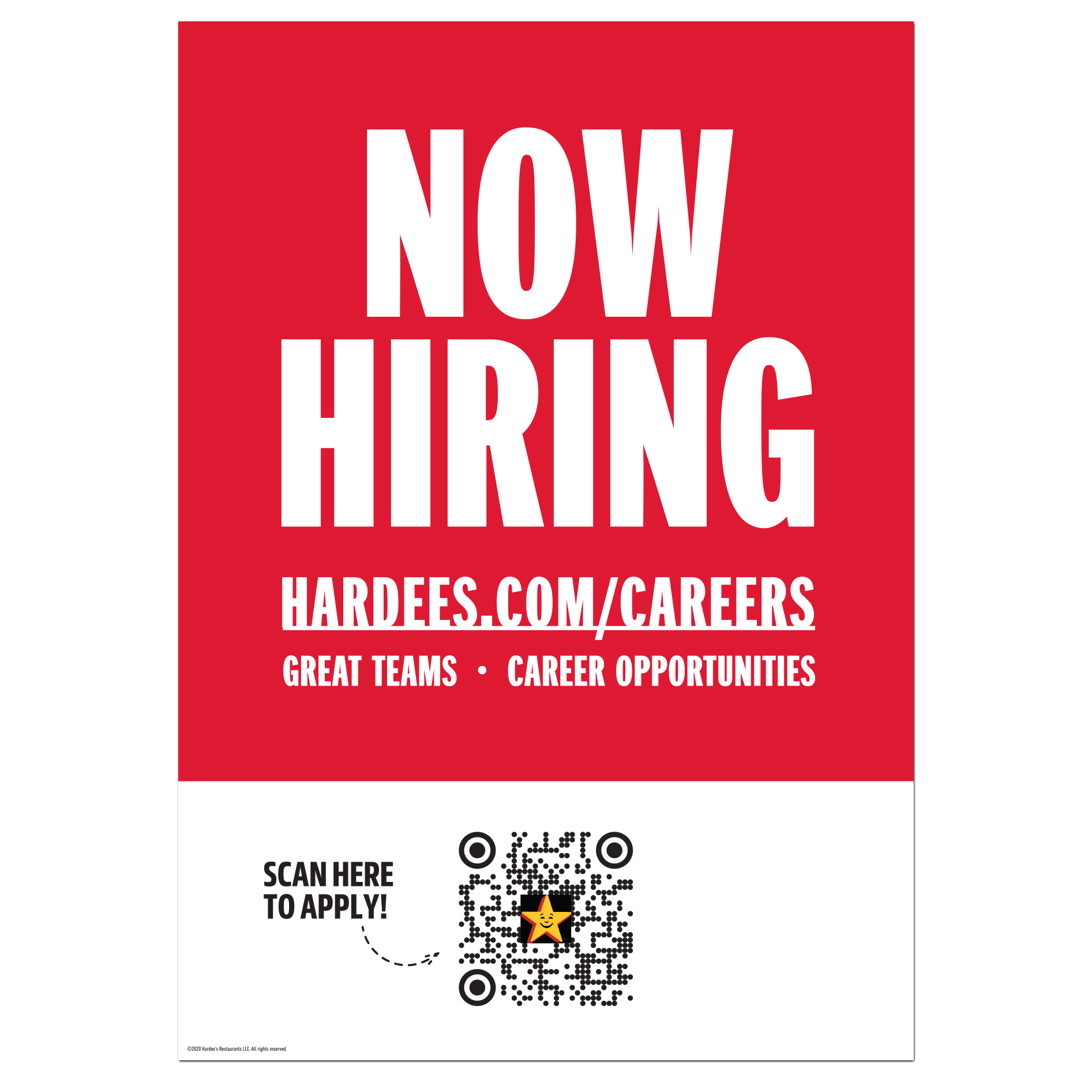 Hardee's Now Hiring 34 x 48 Window Cling with QR Code