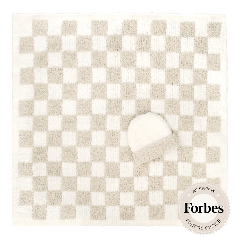 Kashwere Chenilla Cloud Baby Blanket with Cap - Malt/Creme Check