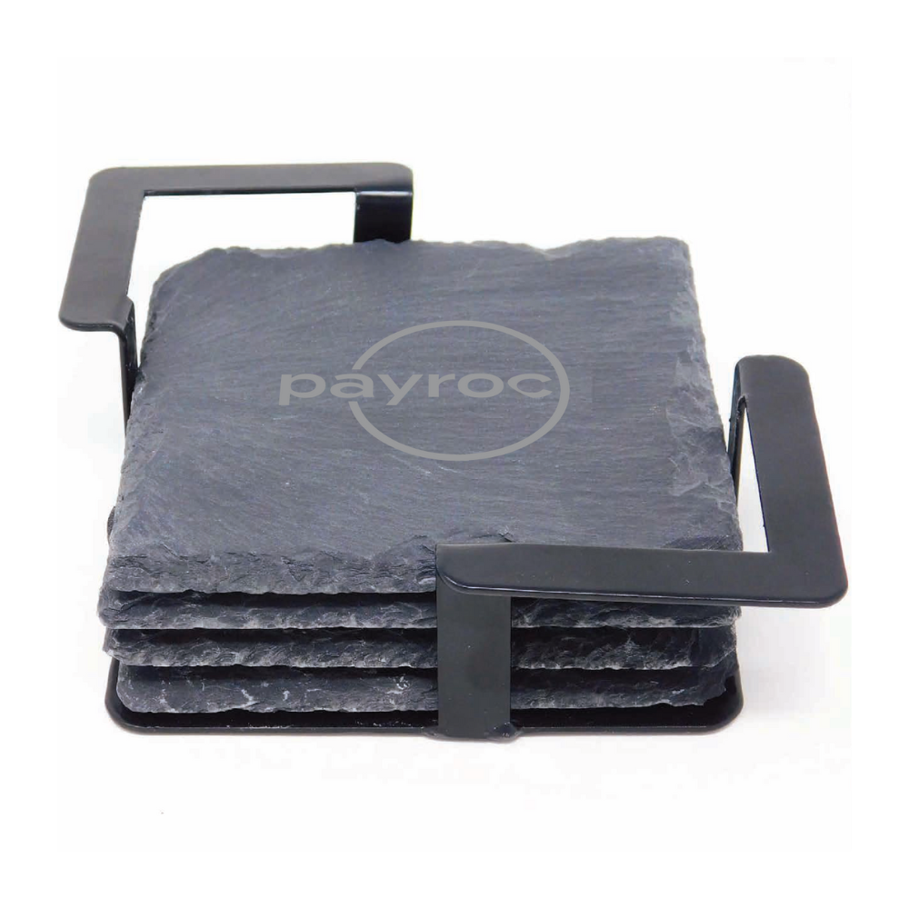4 Pc. Square Slate Coaster Set with Black Metal Stand