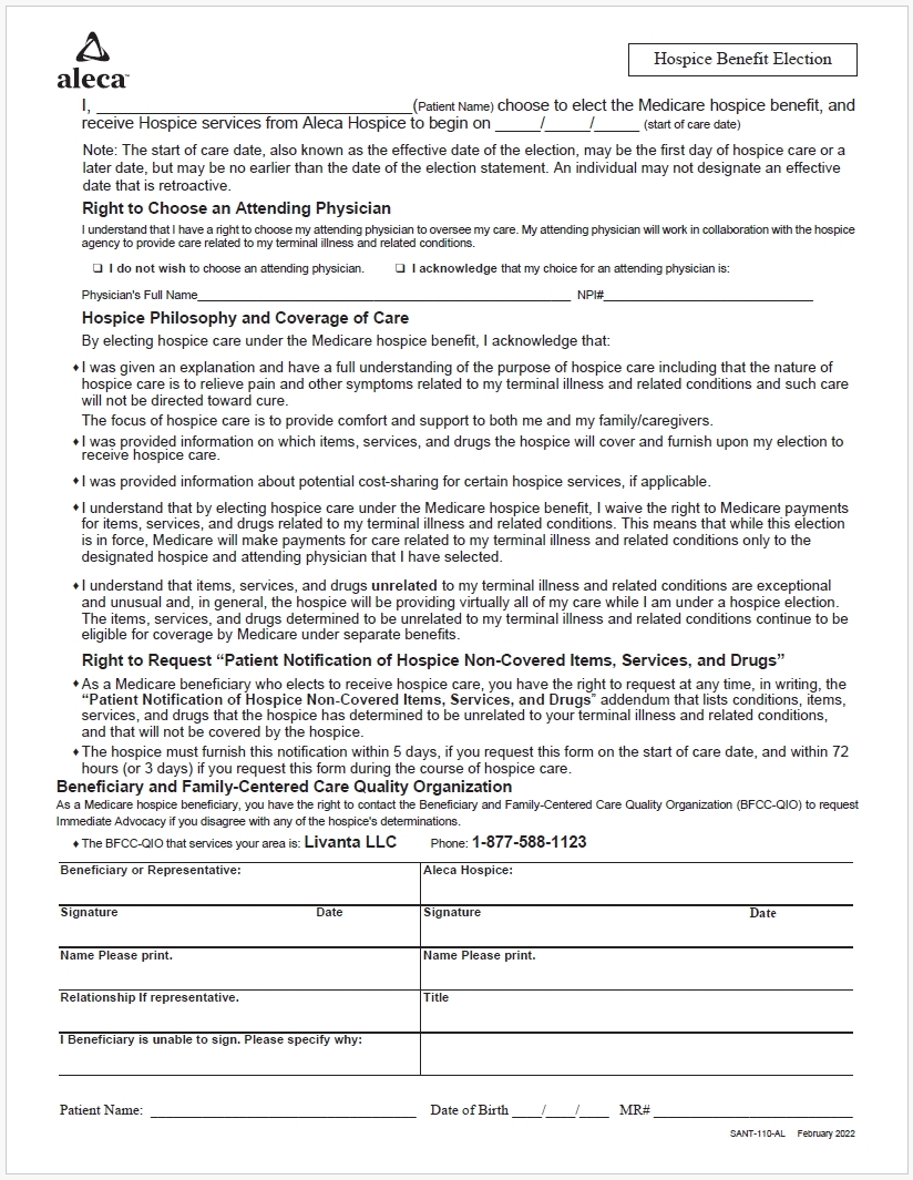 Form - Aleca Hospice Benefit Election