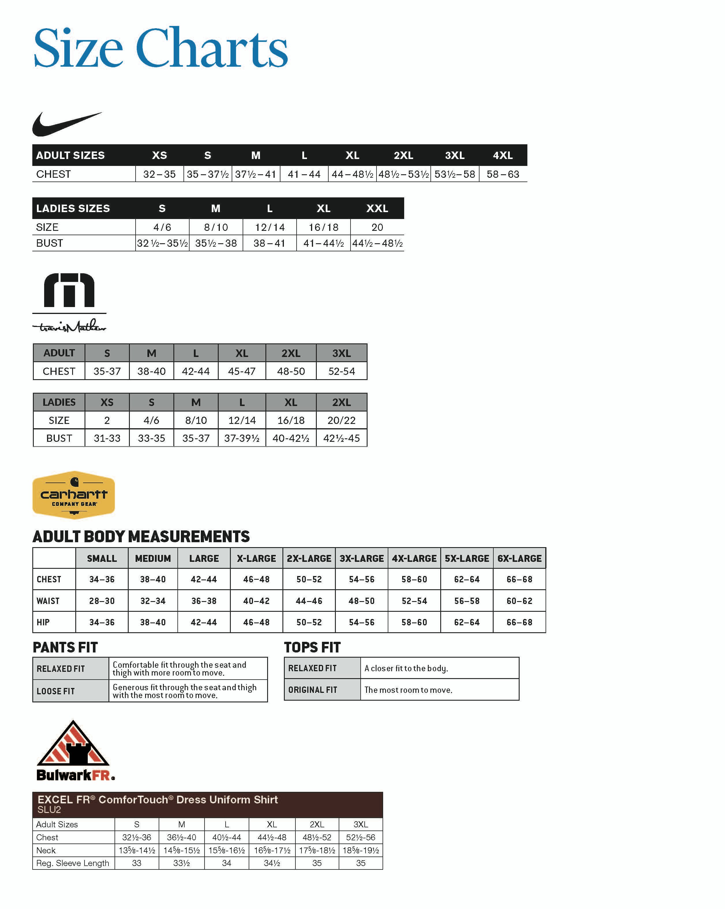 Surplus City | Size Charts