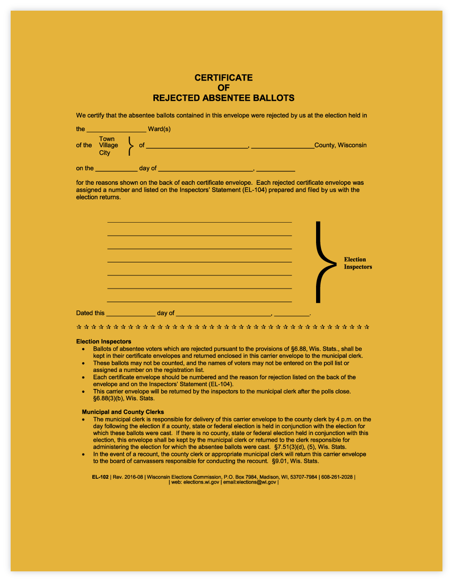 EL-102  Certificate of Rejected Absentee Ballots Envelope