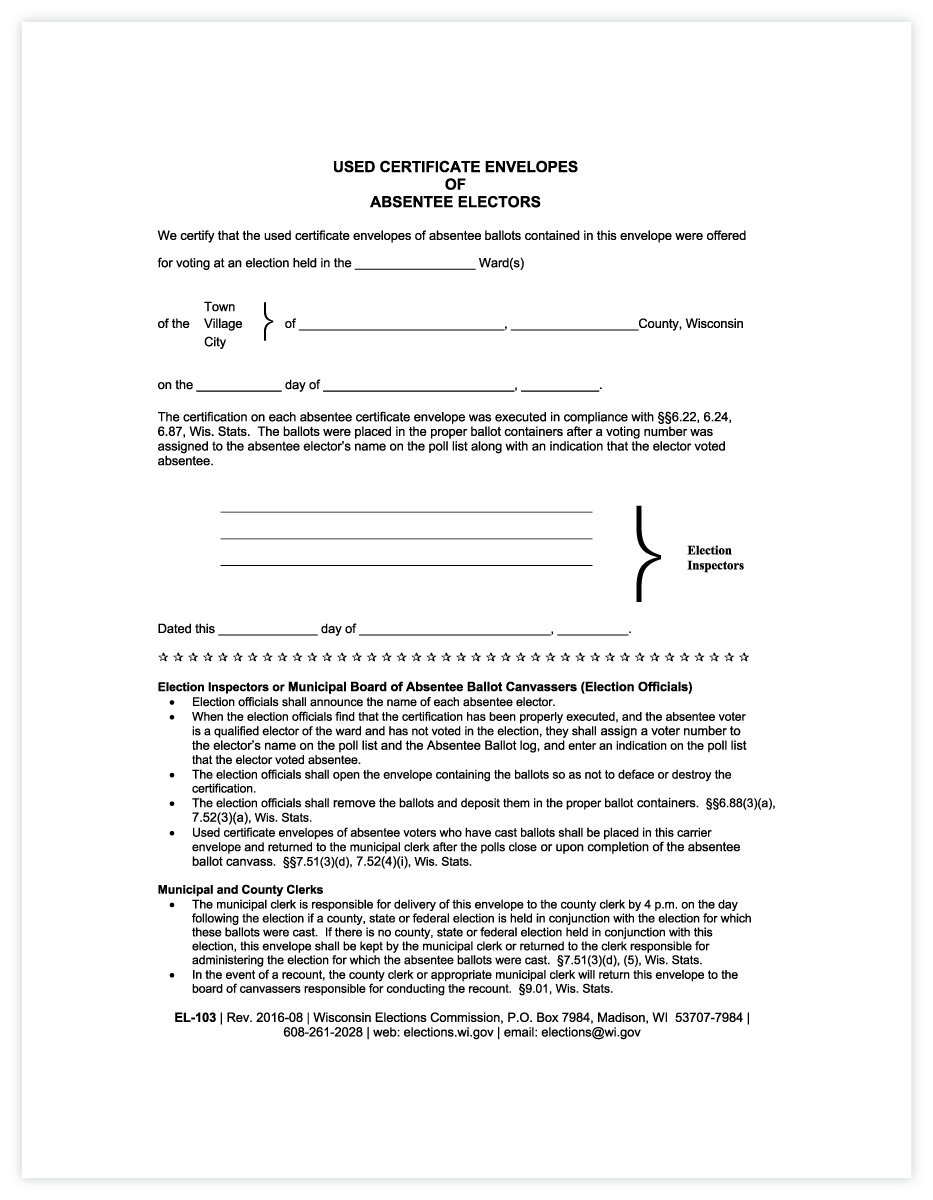 EL-103  Used Certificate Envelope Absentee