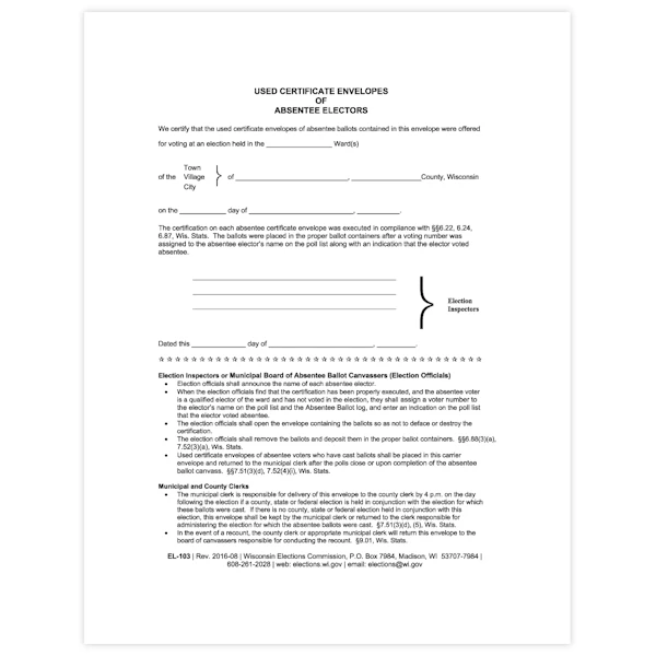 EL-103 Used Certificate Envelope Absentee